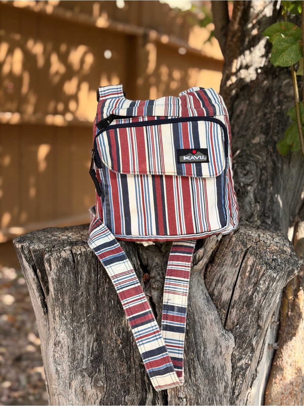 Kavu Striped Messenger Bag in Red, Blue & Cream